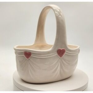Vintage 1985 FTDA Ceramic Heart Basket Planter White Pink Japan Cottagecore Chic